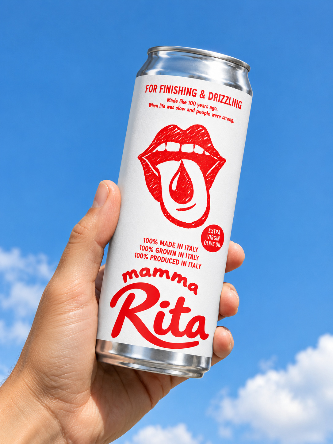 Hand holding a Mamma Rita olive oil aluminium can against blue sky